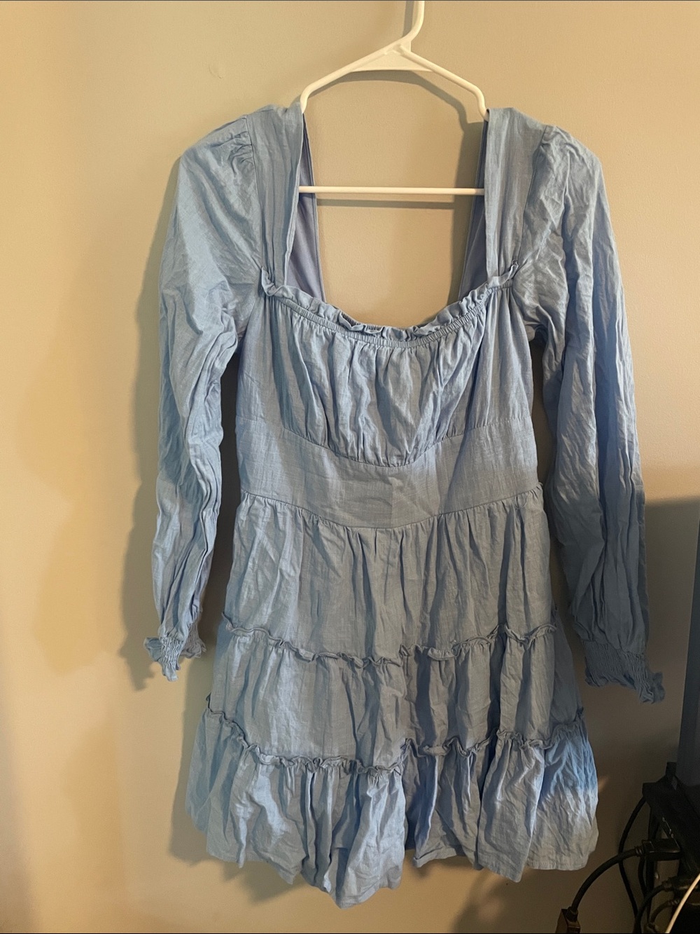 Altar'd State Light Blue Long Sleeve Tiered Mini Dress